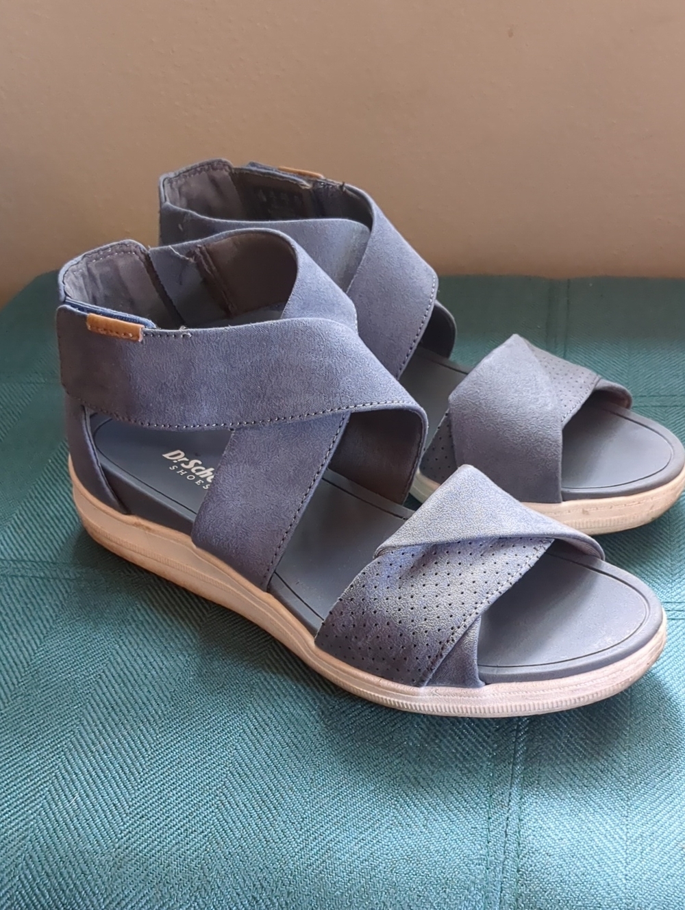 Dr. Scholl's Blue Suede Cross-Strap Wedge Sandals